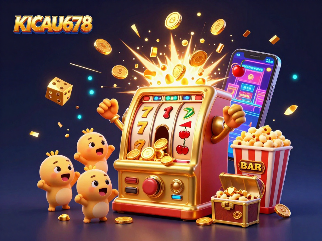 KICAU678 showcases a vibrant 3D illustration depicting a golden slot machine winning a jackpot while smaller machines cheer, embodying the thrill of online gambling.