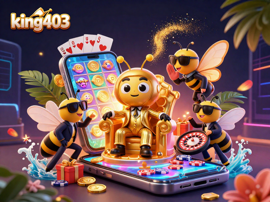 Engage with king403's vibrant casino illustration featuring a bumblebee mob boss amidst slot games and golden coins.