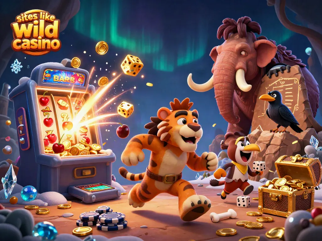 Experience thrilling games and bonuses at sites like Wild Casino with this vibrant 3D illustration.
