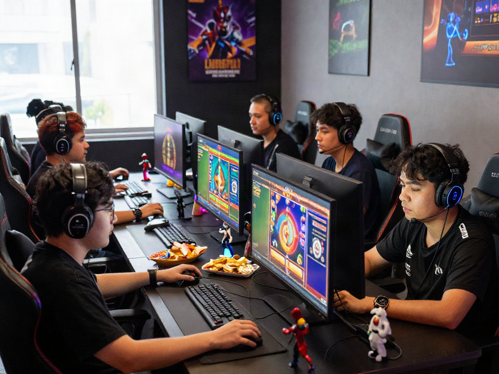 Gamers playing slot gacor games in an intense online gaming scene.
