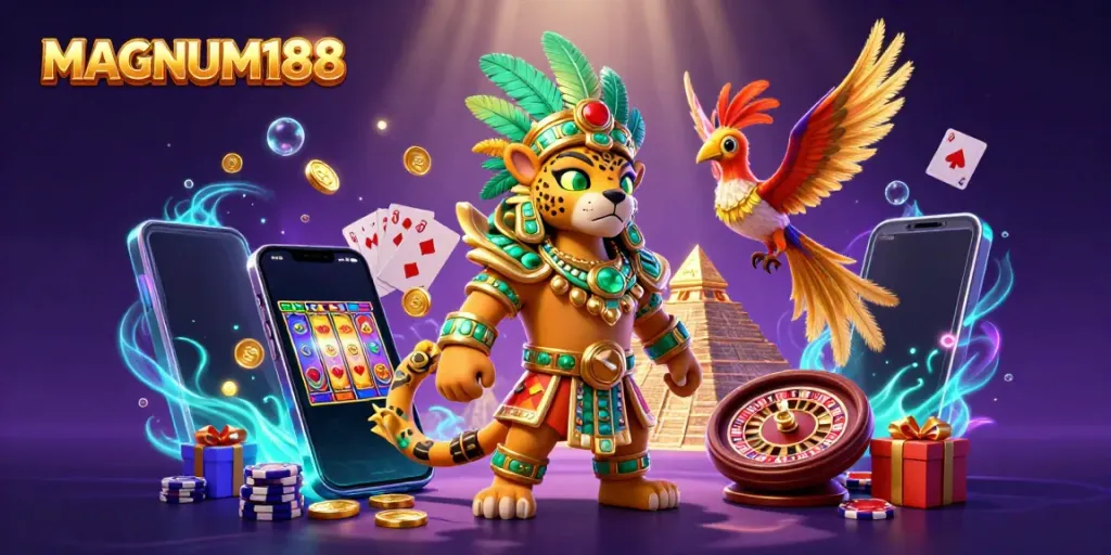 Experience the thrilling world of MAGNUM188 with an interactive scene showcasing vibrant casino elements.