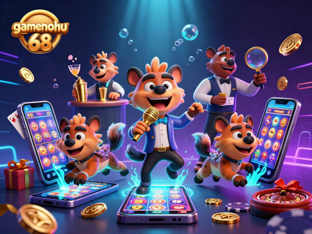 Experience the thrill of gamenohu68 with hyenas in a vibrant comedy casino scene showcasing exciting games.