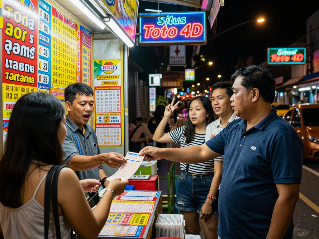 Lokasi kios lotere yang ramai dengan peminat situs toto 4d dan suasana penuh harapan.