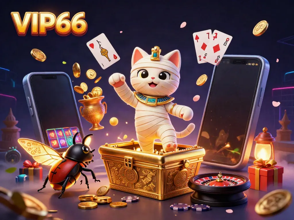 Engage with VIP66 in a dynamic pyramid casino scene featuring an Egyptian mummy cat, golden coins, and colorful slot reels.