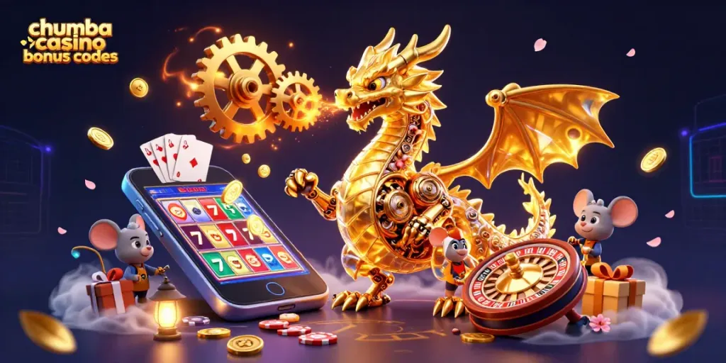 Play and win at Chumba Casino Bonus Codes with a vibrant 3D casino scene packed with game elements.