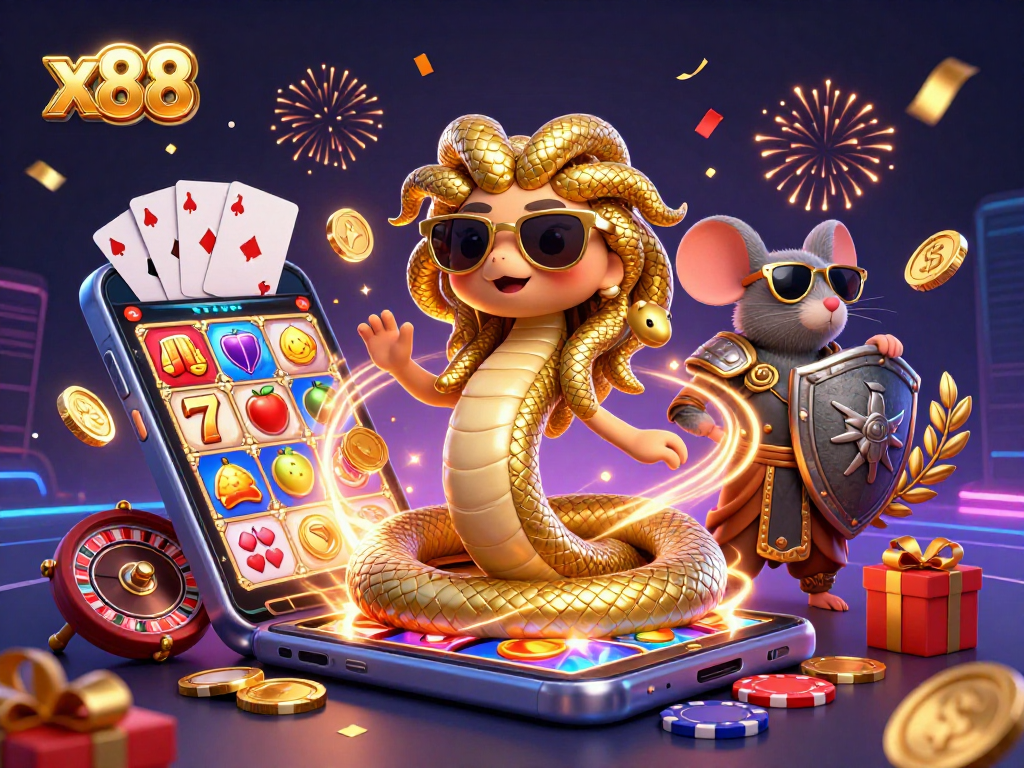 x88 spins vibrant slot reels with Medusa and a warrior mouse in a festive casino scene.