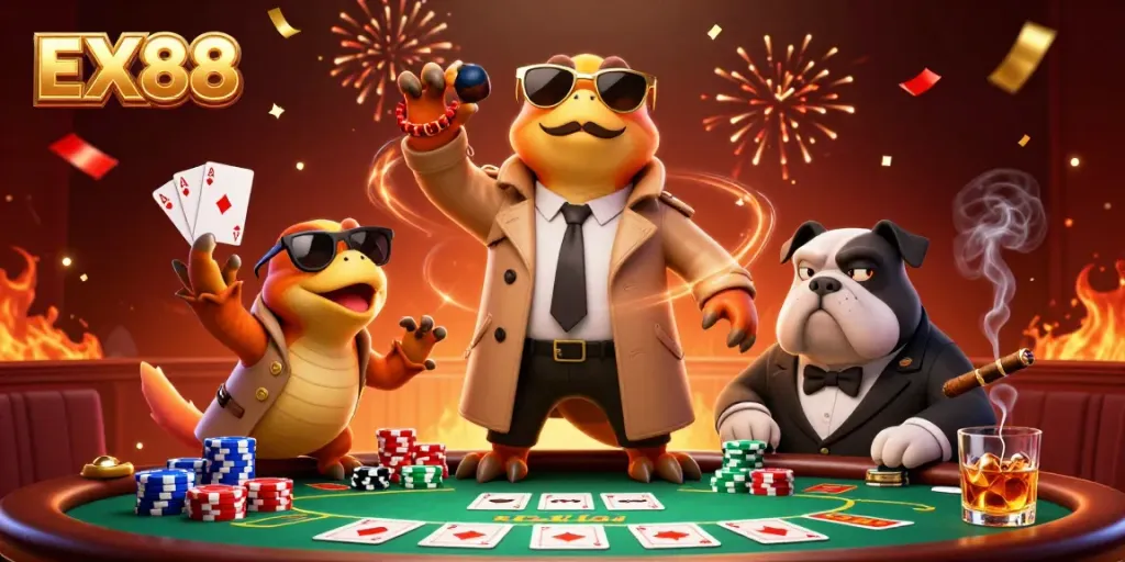 Experience the excitement of EX88 in a casino scene with raptors and vibrant poker action.