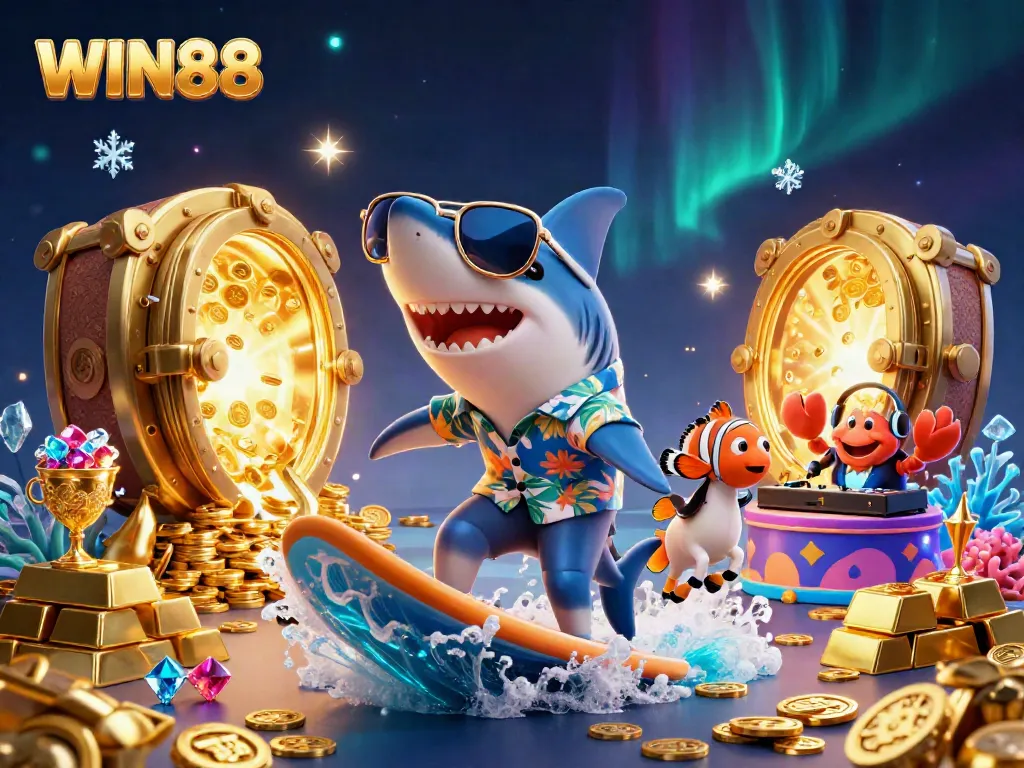 Experience WIN88 with exciting characters and a gold-filled casino illustration.