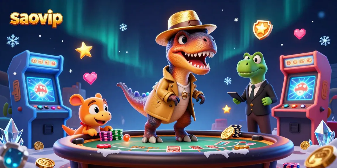 saovip illustration featuring a velociraptor card counter and a stegosaurus pit boss at a blackjack table.