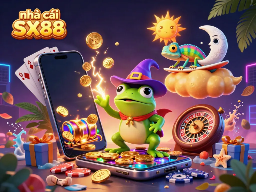 Engage with nhà cái SX88’s exciting gaming world featuring a weather wizard frog conjuring golden coins and vibrant characters.