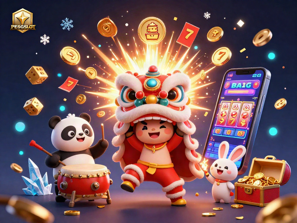 PESGSLOT showcases vibrant slot action with a joyful lion dance, drumming panda, and bursting jackpot coins.