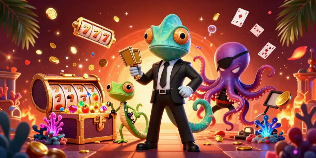 Engage with mega888 download featuring vibrant casino elements, a colorful character scene, and exciting slot reels.