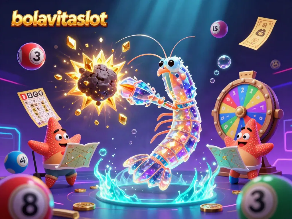 Engage with bolavitaslot as a vibrant 3D scene showcases a galactic samurai mantis shrimp amidst casino elements like lottery balls and prizes.