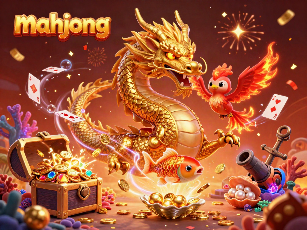 Experience energetic mahjong gameplay with vibrant visuals of a dragon, phoenix, and koi in action.