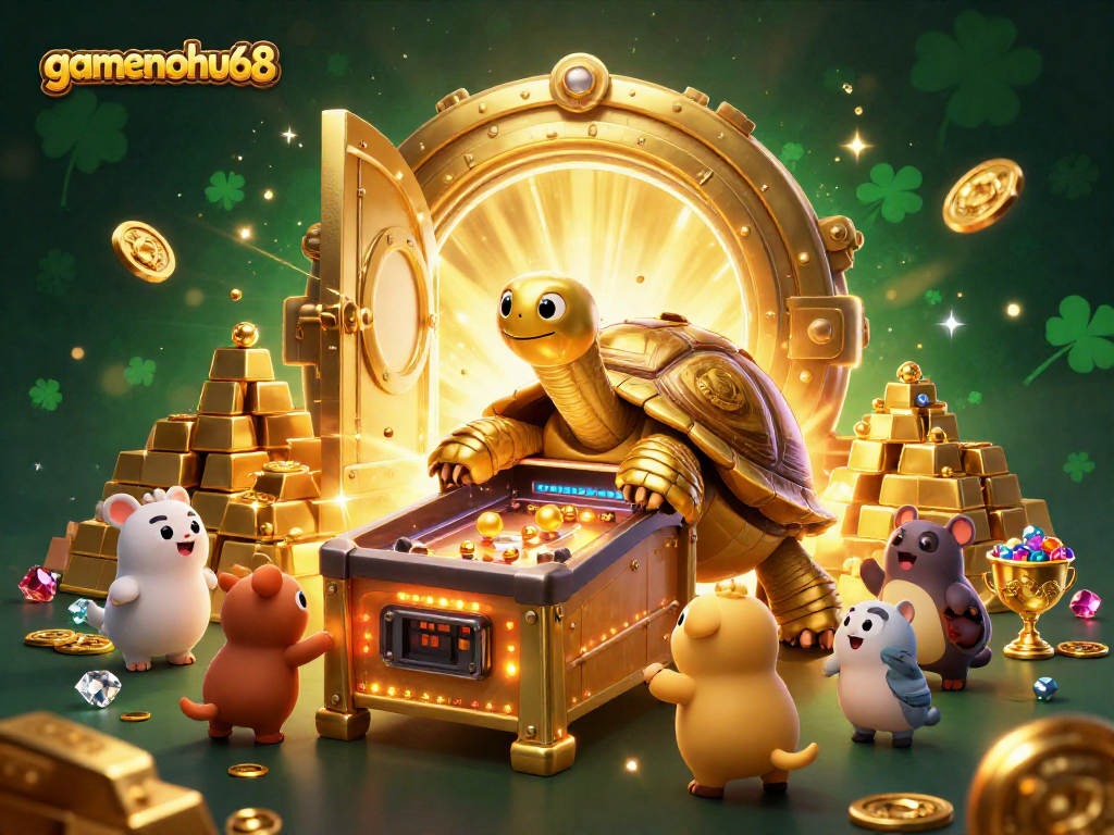 Experience the thrill of gamenohu68 with a vibrant casino illustration featuring golden treasures and exciting games.