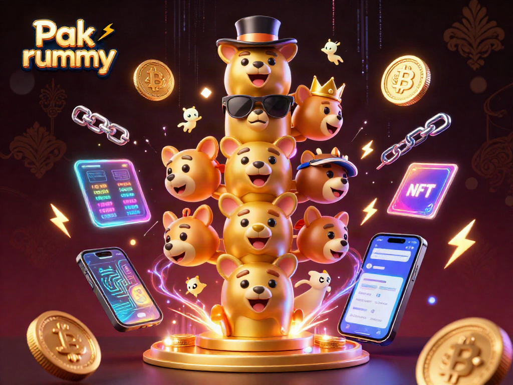 Engage with Pak rummy in a vibrant casino scene featuring dynamic animals and cryptocurrency elements.