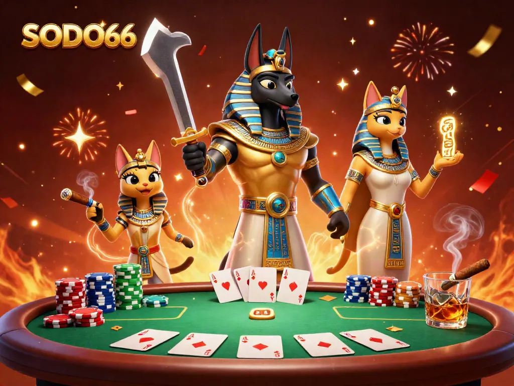 SODO66's engaging 3D illustration showcases Anubis in gaming action, surrounded by poker elements.