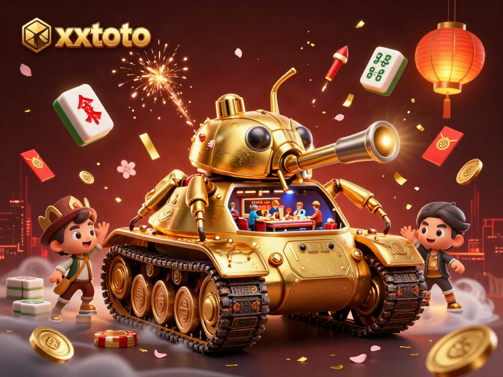 Gambarkan xxtoto dengan tank kumbang emas yang menyuguhkan kasino mini di dalamnya, dikelilingi elemen permainan.