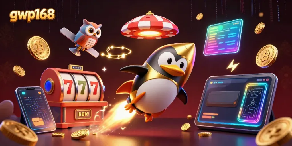Permainan slot seru di gwp168 dengan penguin emas terbang dan koin berkilau, pengalaman kasino digital.