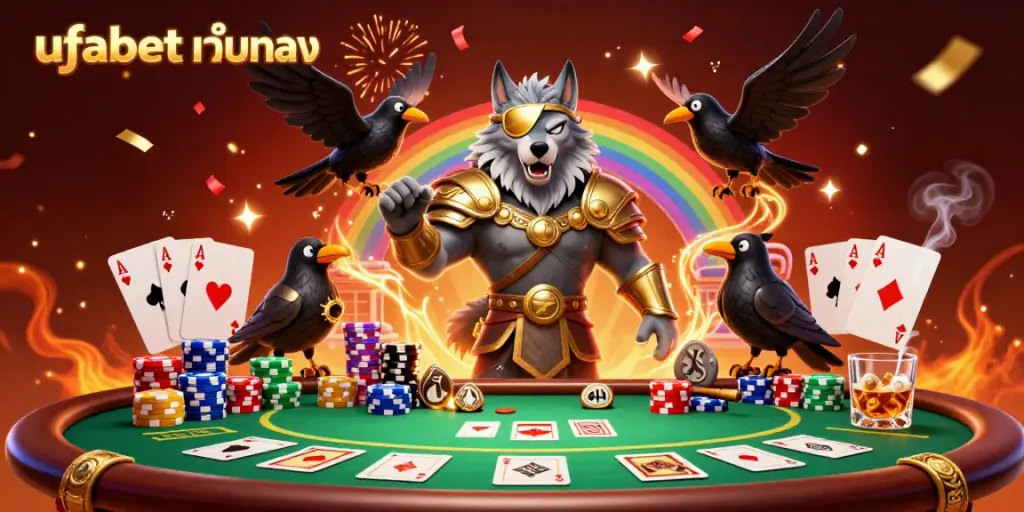 Engaging scene with ufabet เว็บตรง characters surrounded by casino elements, illustrating an epic gambling atmosphere.
