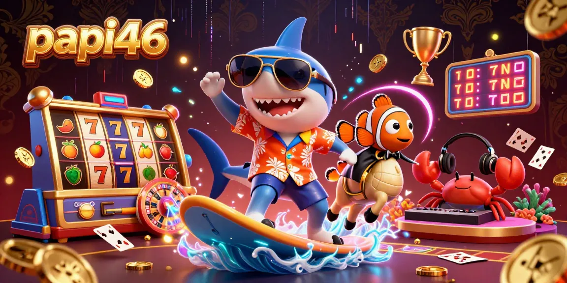 papi46 merayakan keseruan kasino dengan hiu, ikan badut, dan kepiting DJ yang bermain di lautan koin emas