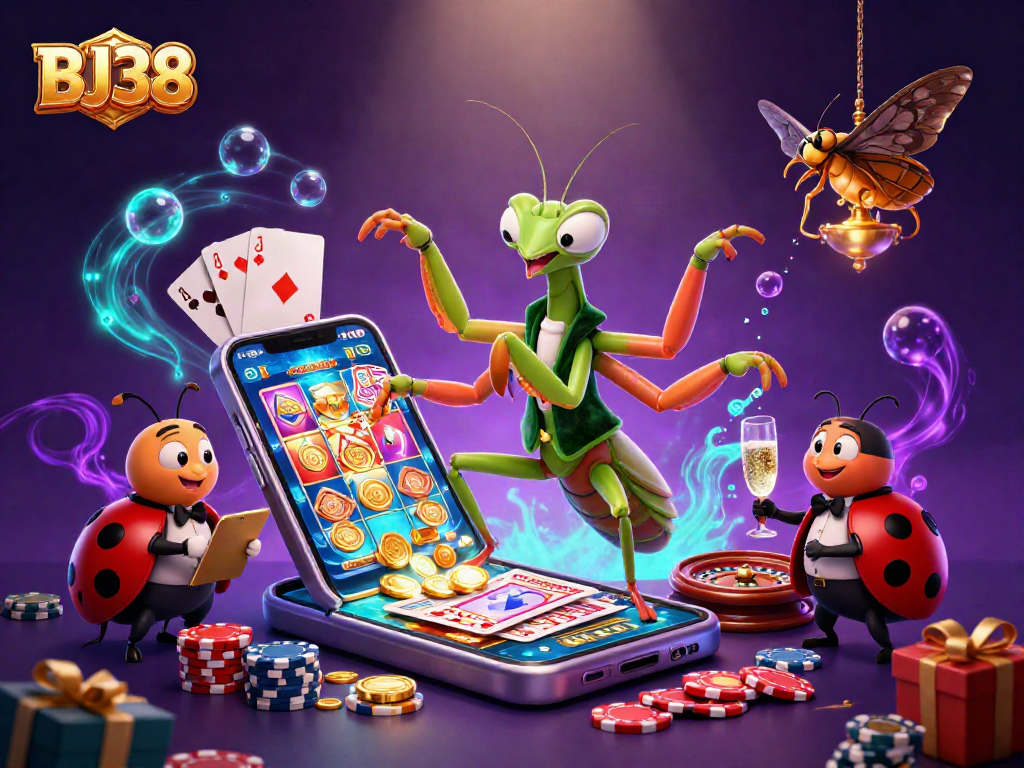 Experience the excitement of BJ38 with a vibrant scene featuring gaming characters, dynamic casino elements, and gold coins.