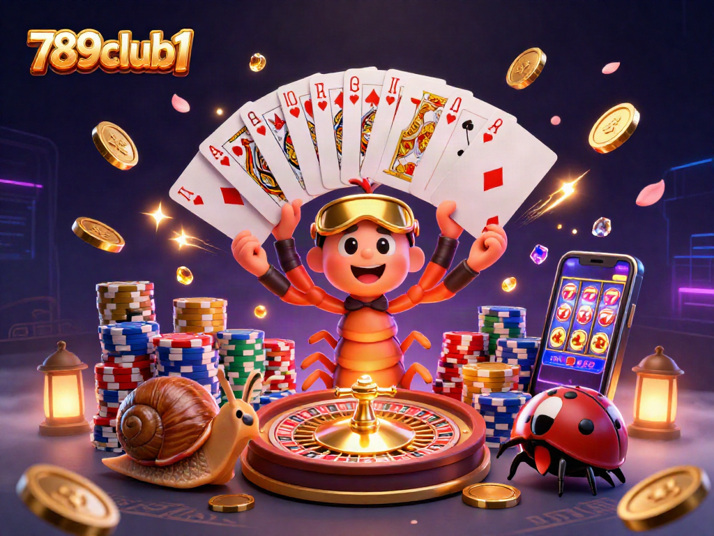 Experience the excitement of 789club1 with a dynamic casino scene featuring playful characters and gold cascades.