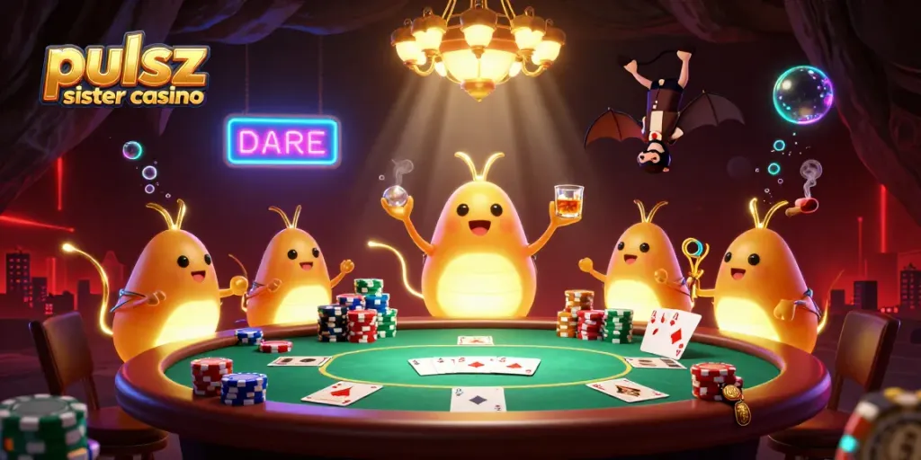 Experience the pulsz sister casino with fun glowworms lighting up a vibrant cave poker scene.