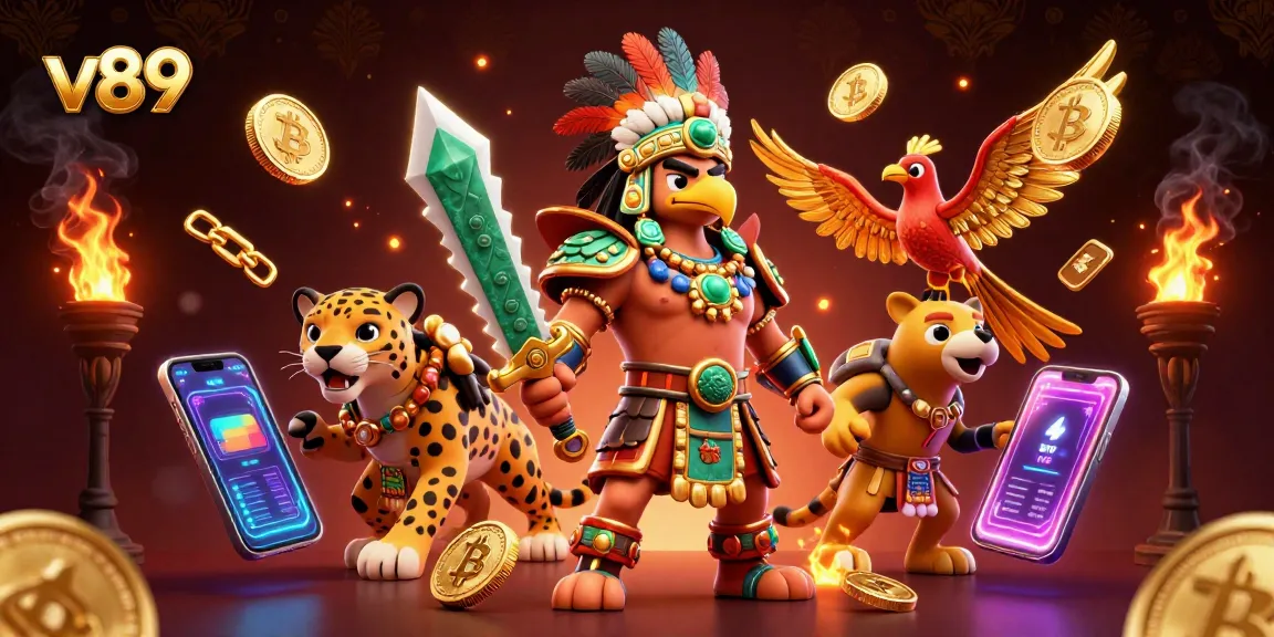 v89 permainan kasino dengan karakter pejuang Aztec dan elemen blockchain berkilau