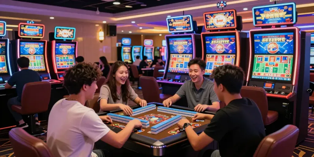 Mesinmpo slot machine dengan pemain merayakan kemenangan di kasino