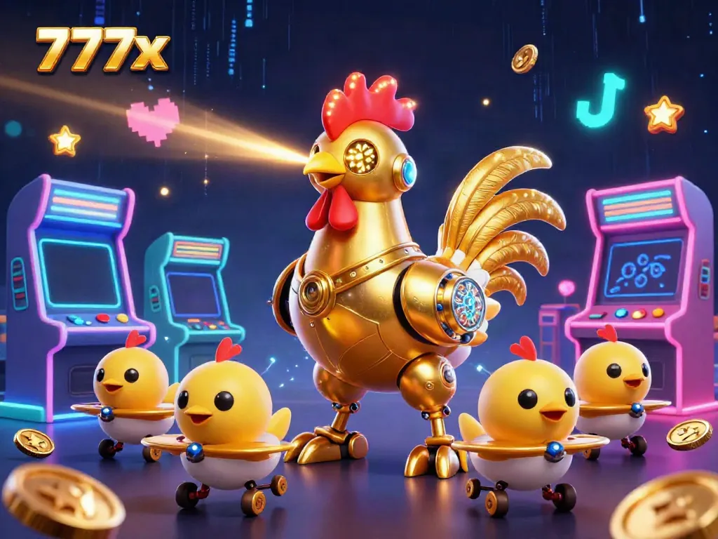 Experience the excitement of 777x with a dynamic casino-themed 3D scene featuring a golden rooster robot.