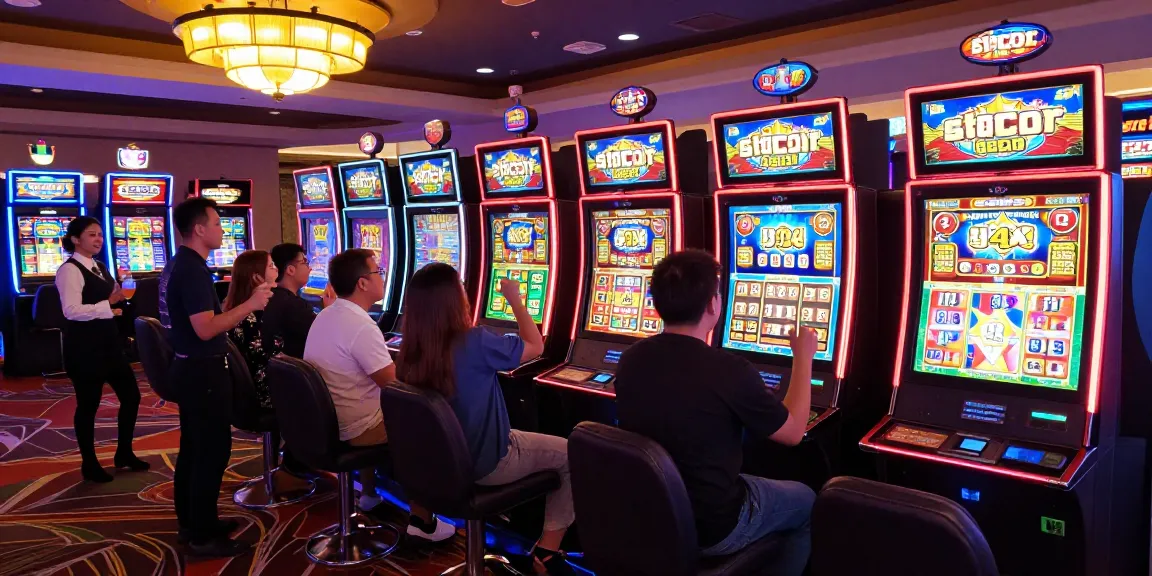 Exciting gambling scene showcasing players at slot gacor 4d machines in a vibrant casino atmosphere filled with neon lights and lively energy.