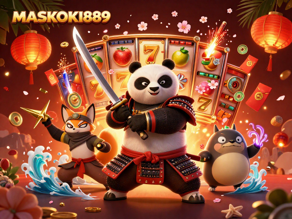 Engage with top-tier online gaming at MASKOKI889 featuring vibrant slot reels and dynamic characters.