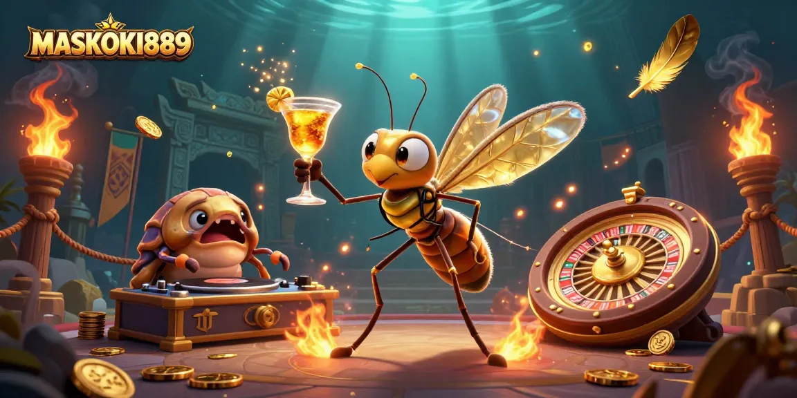 Engage with MASKOKI889 as a vibrant casino scene unfolds with a golden cocktail, dynamic DJ, and roulette wheel.
