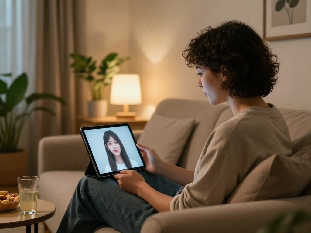 Engaging in an ai porn chat with a captivating digital avatar in a cozy home.