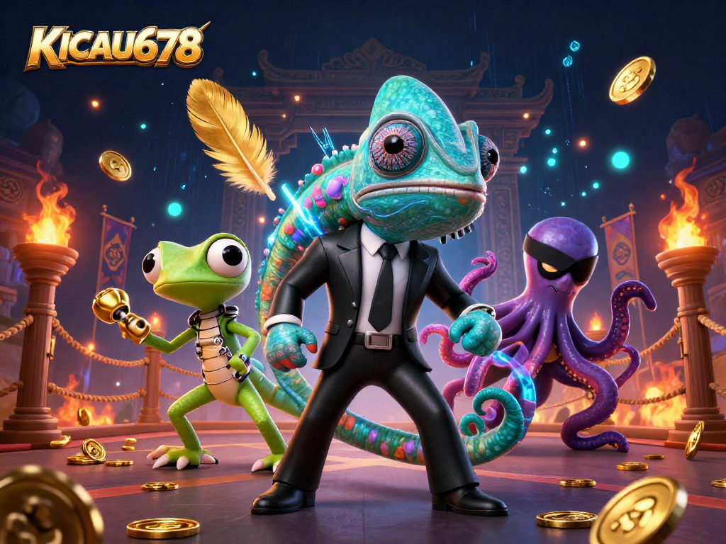 KICAU678 showcases a vibrant 3D casino scene with colorful characters and dynamic gambling action.
