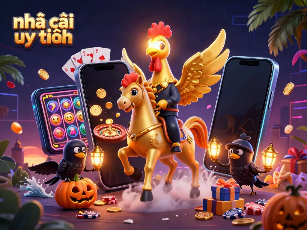 Experience the thrill of nhà cái uy tín with a golden rooster riding a spectral horse in a vibrant casino scene