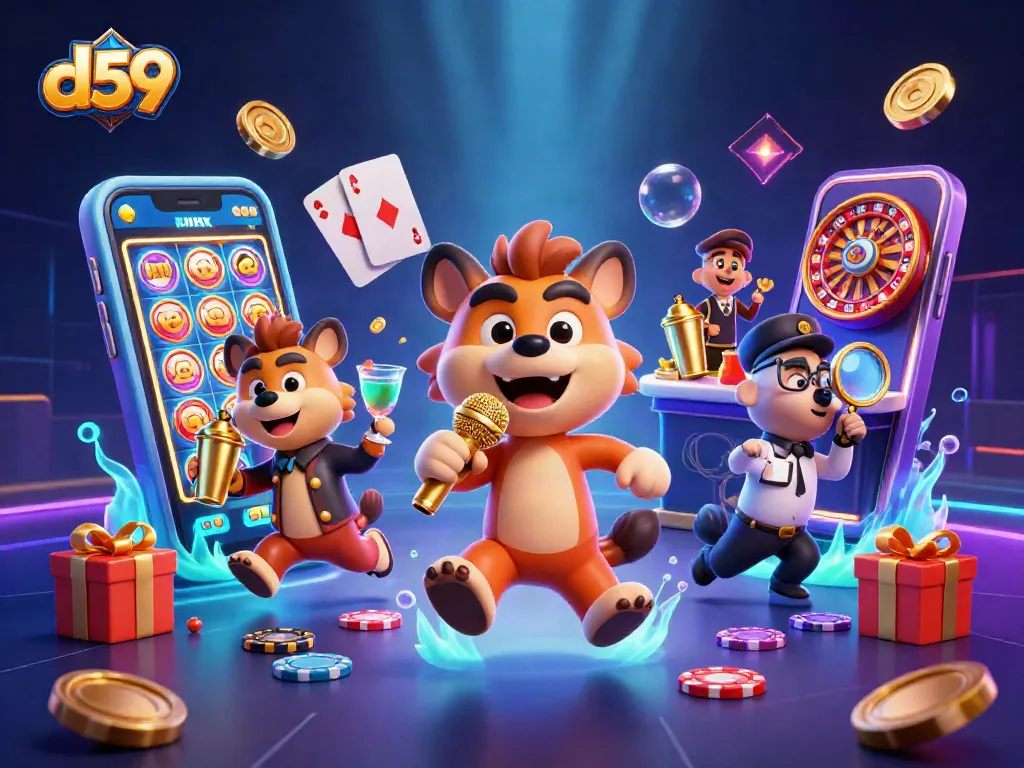 Engage with d59's vibrant casino scene featuring hyenas enjoying a colorful slot game.