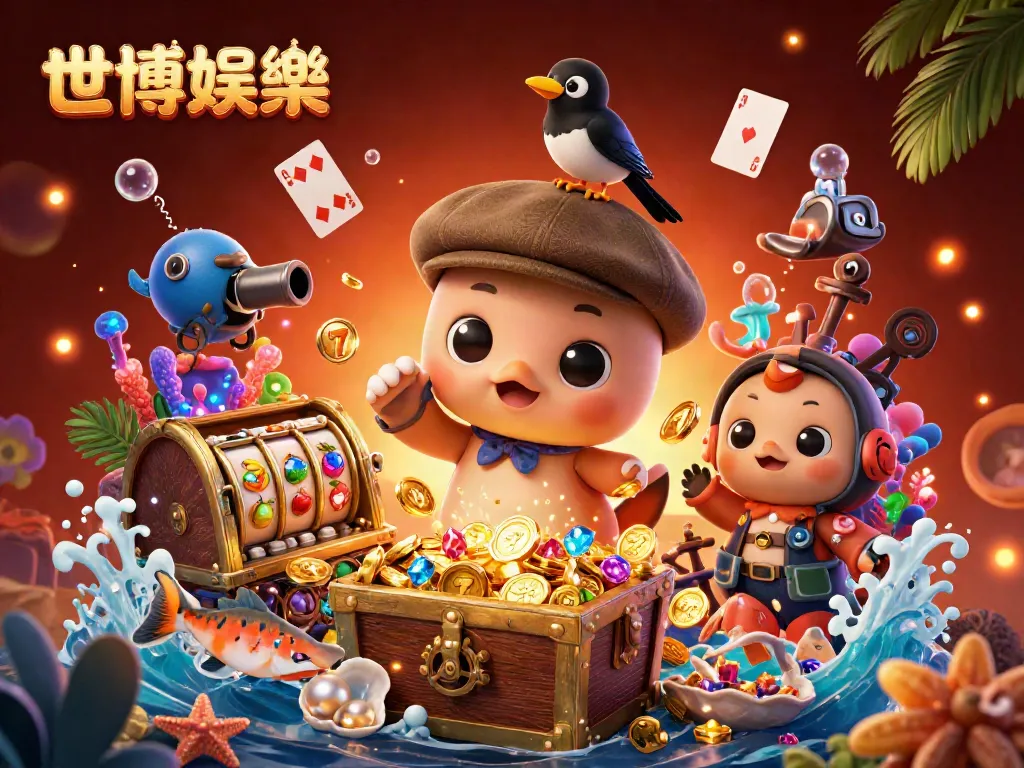 在多彩背景中,世博娛樂的插图展示了可爱的尼斯小怪兽、贪婪的喜鹊和穿著格子衣的鲑鱼,体现了欢乐的赌博氛围