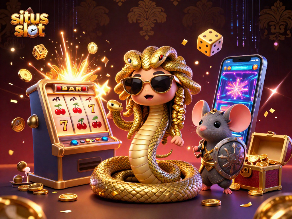 Visualize situs slot adventure with Medusa and mouse as they celebrate a jackpot win.