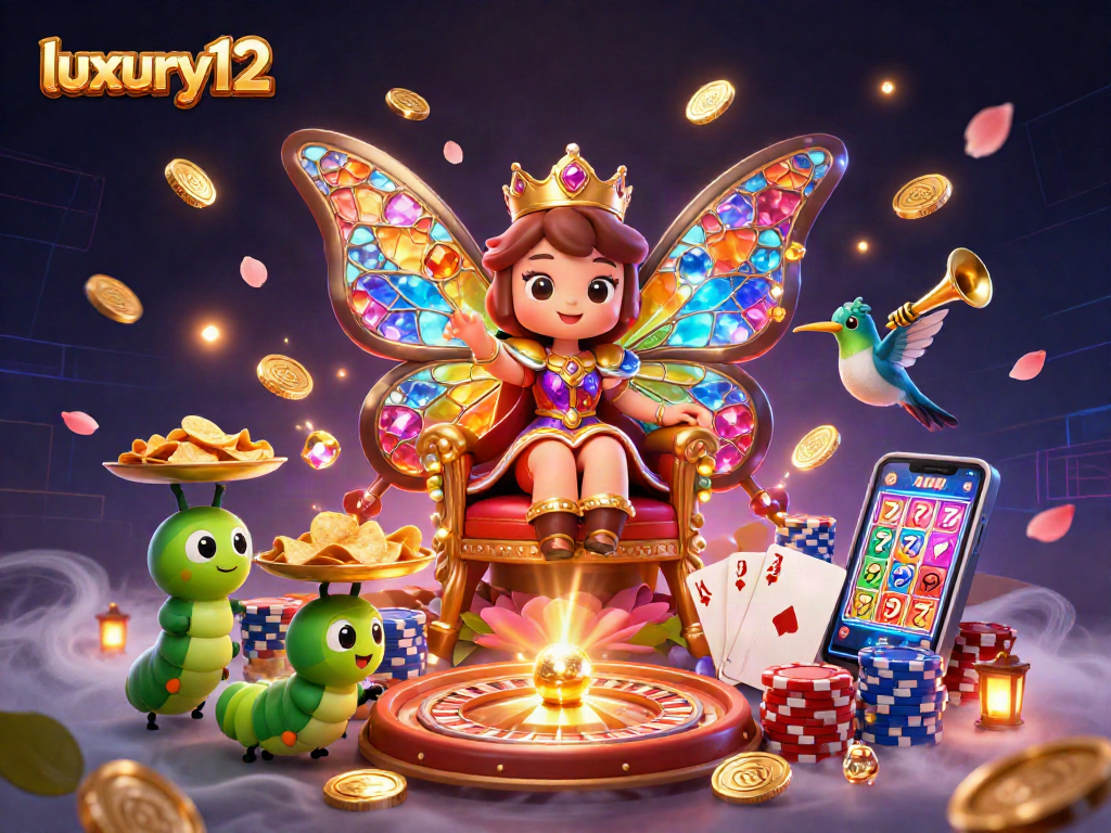 Luxury12 menghadirkan ilustrasi kasino 3D dengan ratu kupu-kupu dan elemen bermain yang kaya.