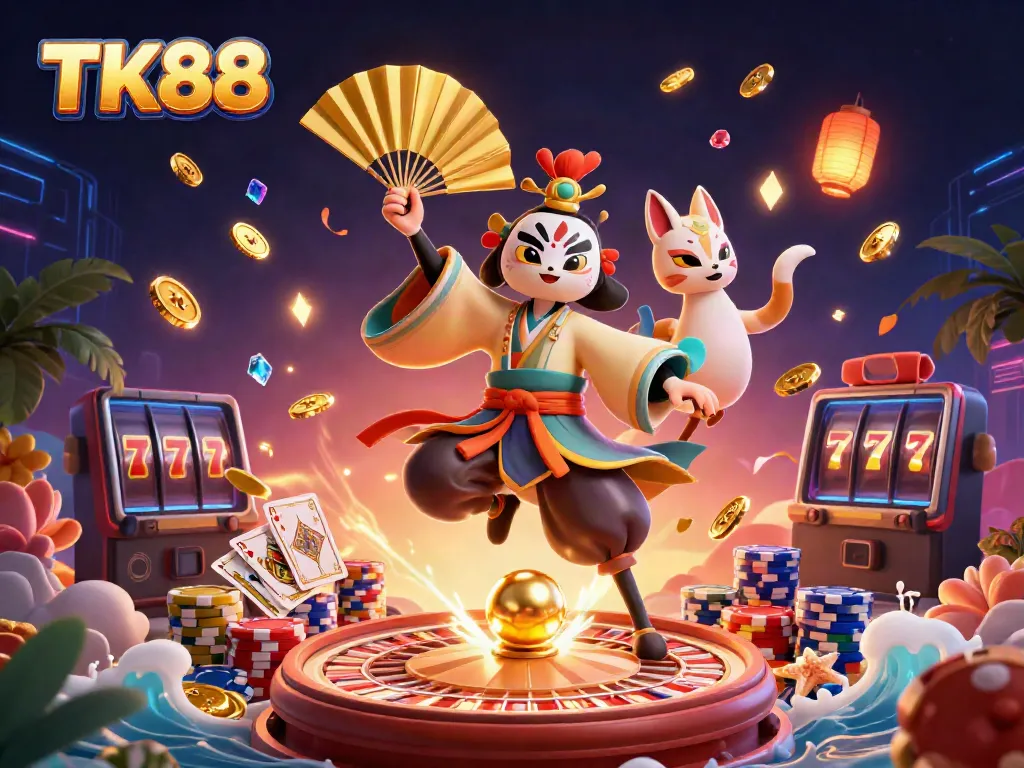Experience thrilling gameplay at TK88 with 3D kabuki warriors and generous rewards in this vibrant illustration.