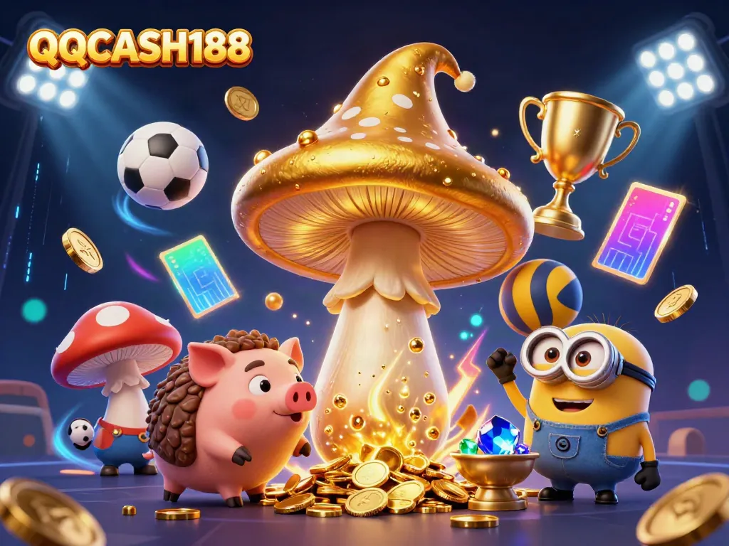 Experience thrilling wins at QQCASH188 with our vibrant 3D gaming illustration featuring magical elements and sports.