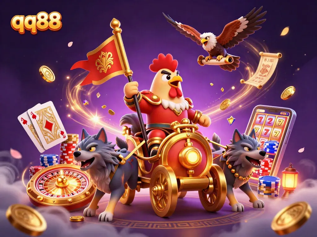 Engage with exciting qq88 gaming elements featuring a rooster warlord and dazzling casino icons.