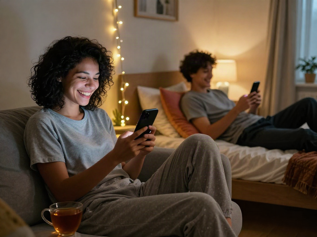 Couple using sexting AI for playful communication in a cozy home setting.