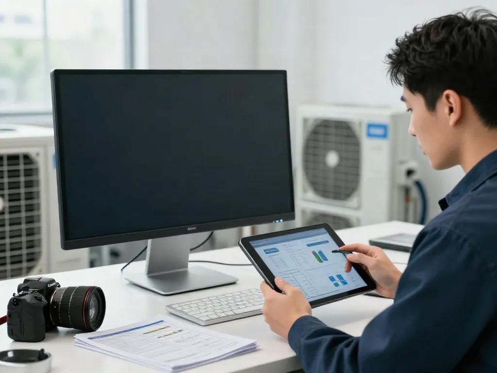 DEWITOGEL teknik AC modern dengan antarmuka digital dan teknisi memantau sistem.