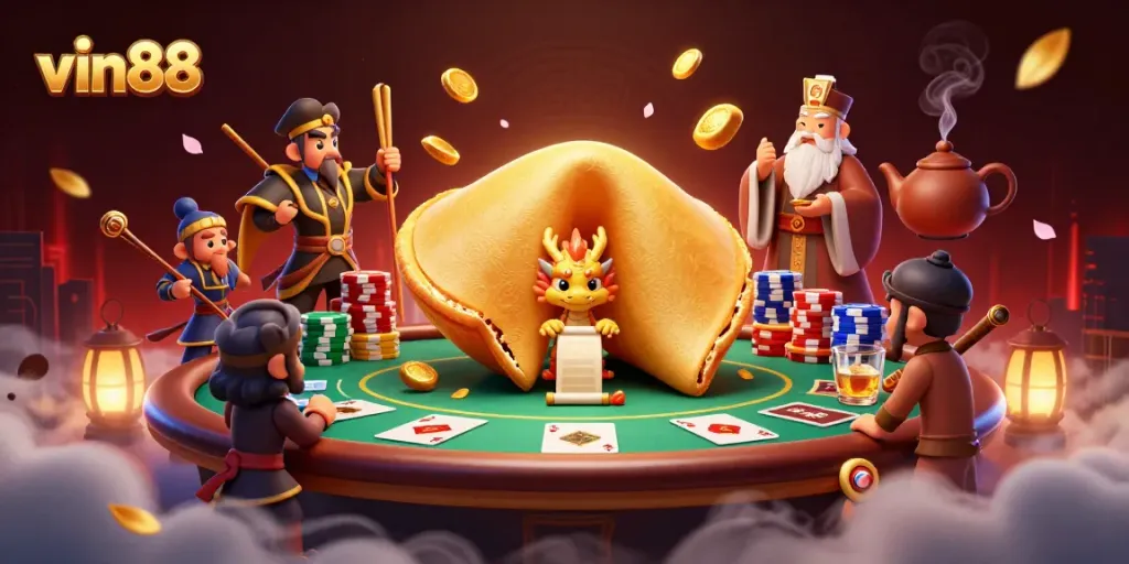 Experience the excitement of vin88 with a vibrant 3D casino scene featuring a golden fortune cookie and poker elements.