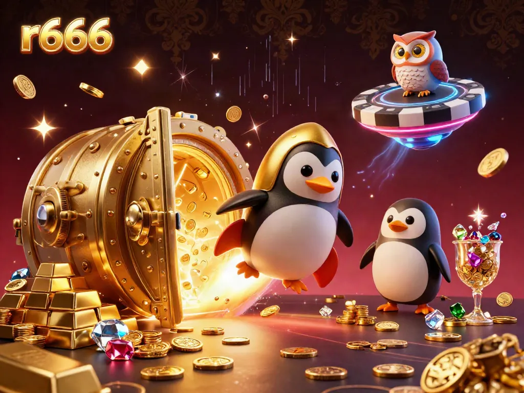 Experience thrilling gameplay at r666 with a golden penguin in a vibrant casino galaxy.