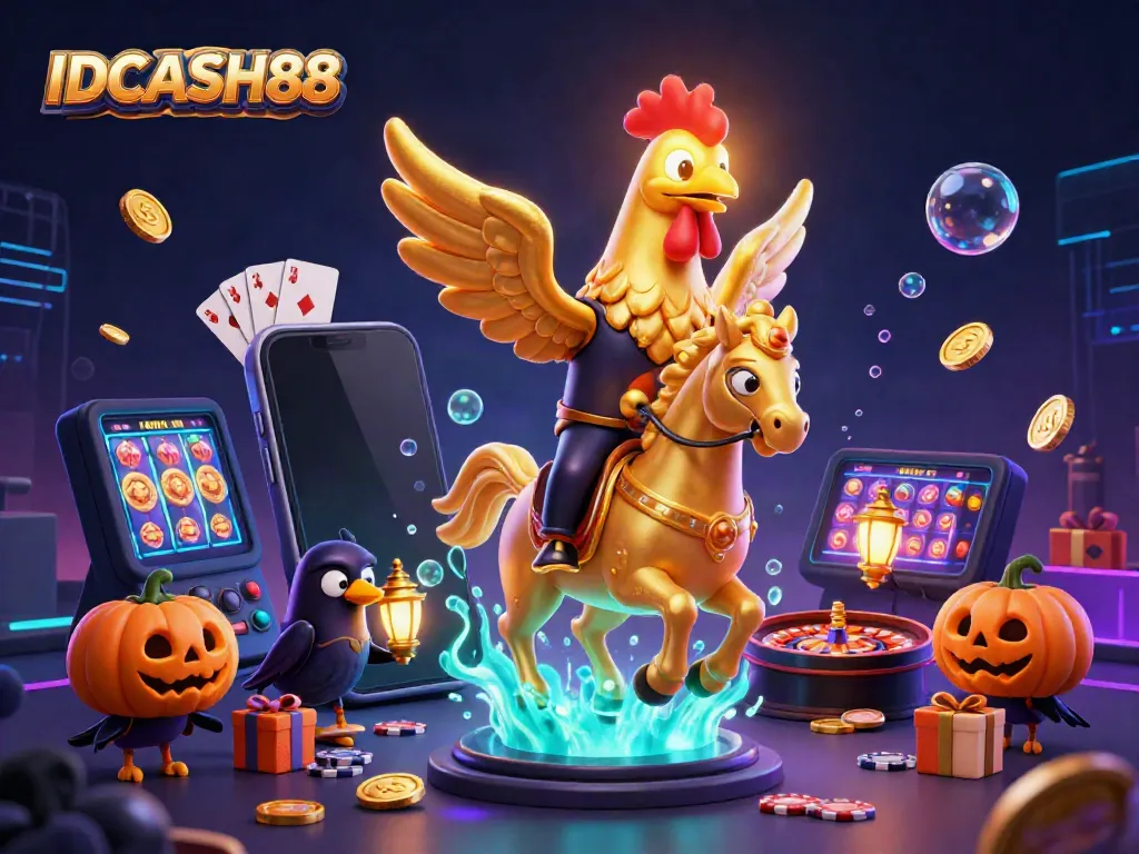 Experience thrilling gameplay at IDCASH88 with a vibrant casino scene featuring a golden rooster and lively game elements.