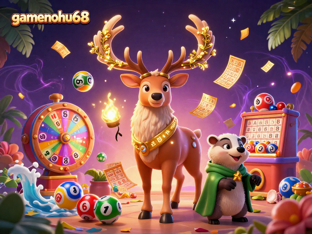 Engage with gamenohu68's vibrant casino world featuring lottery balls, bingo, and magical characters.